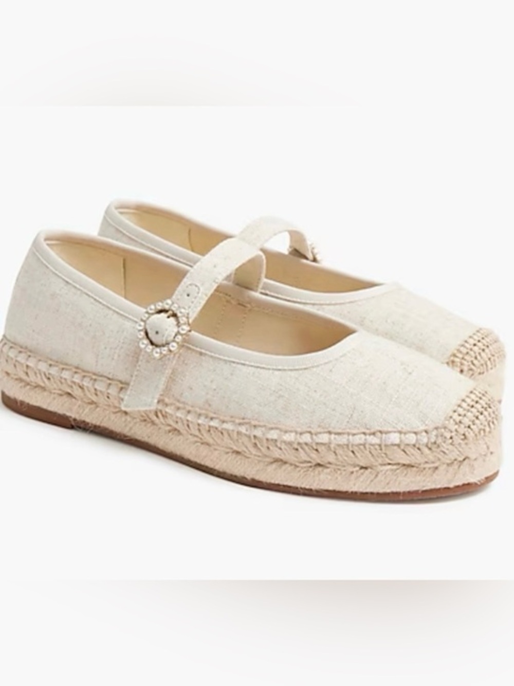 J.Crew Women’s Cream Espadrille Mary Jane Flats with Pearl Buckle size 6